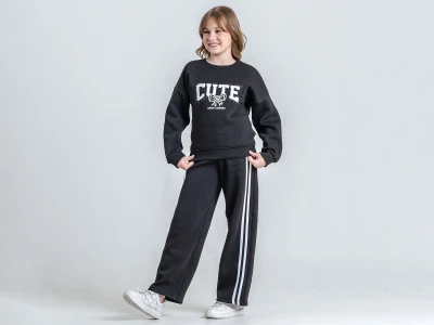 Toptan PAMPAL KİDS Cute Baskılı Taş Detaylı 3 İp Şardonlu Kız Takım  Black - Beniz Bebe