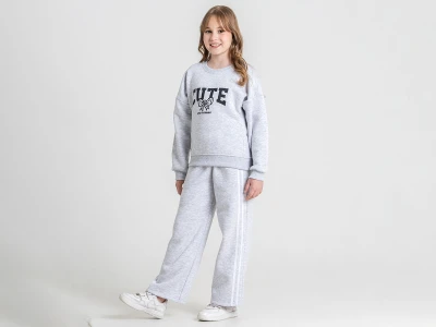 Toptan PAMPAL KİDS Cute Baskılı Taş Detaylı 3 İp Şardonlu Kız Takım  Grey - Beniz Bebe