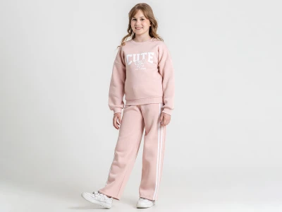 Toptan PAMPAL KİDS Cute Baskılı Taş Detaylı 3 İp Şardonlu Kız Takım  Pink - Beniz Bebe