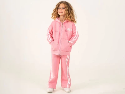 Toptan LUMİİ Daisy Baskılı Şeritli 3 İp Şardonlu Kız Takım  PEMBE - Beniz Bebe