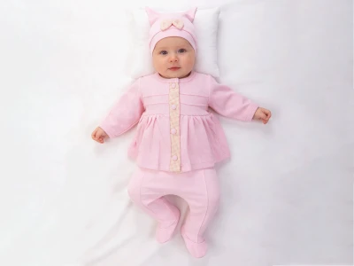 Damalı Desenli Düğmeli Kız Bebe Beşli Set Takım