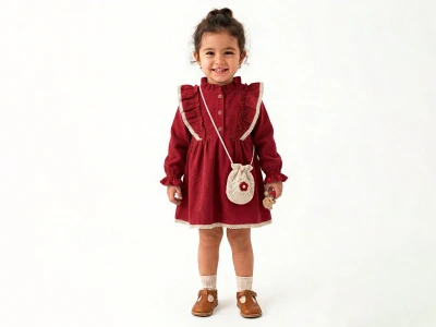 Toptan ÇİLEK BEBE Dantel Detaylı Çantalı Kadife Elbise - Toptan Çocuk Giyim Beniz Kids
