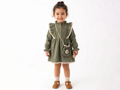 Toptan ÇİLEK BEBE Dantel Detaylı Çantalı Kadife Elbise YEŞİL - Beniz Bebe