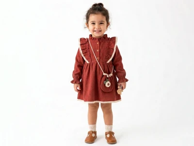 Toptan ÇİLEK BEBE Dantel Detaylı Çantalı Kadife Elbise - Toptan Çocuk Giyim Beniz Kids