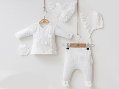 Toptan MİNİZEYN Dantel Detaylı Kız Bebe  5li Set BEYAZ - Beniz Bebe