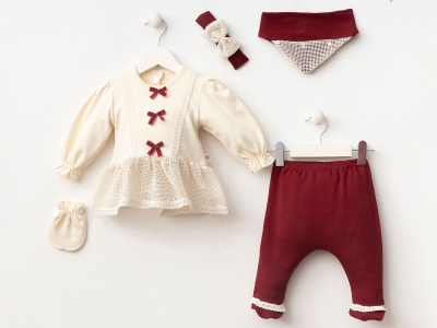 Toptan MİNİZEYN Dantel Detaylı Kız Bebe 5li Set BORDO - Beniz Bebe