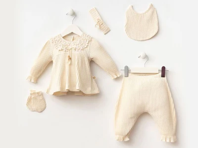 Toptan MİNİZEYN Dantel Detaylı Kız Bebe 5li Set ECRU - Beniz Bebe