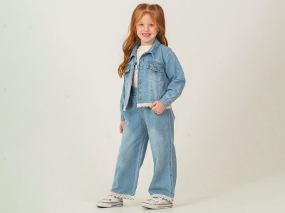 Dantel Detaylı Kot Ceketli Üçlü Kız Takım