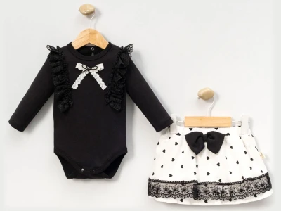 Toptan CAYZEN Dantel İşlemeli Fiyonklu Kız Bebe Takım  SİYAH - Beniz Bebe