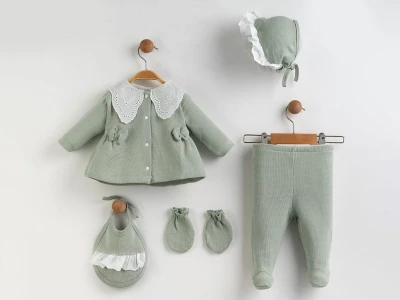 Toptan ZIPIR Dantel Yaka 5li Kız Hastane Çıkışı Zıbın Set - Toptan Çocuk Giyim Beniz Kids