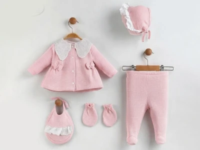Toptan ZIPIR Dantel Yaka 5li Kız Hastane Çıkışı Zıbın Set PUDRA - Beniz Bebe