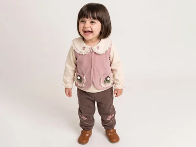 Toptan BEBLY Dantel Yaka Detay 3'lü Kız Bebek Takım - Toptan Çocuk Giyim Beniz Kids