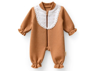 Toptan BAM-BİNO Dantel Yaka Şardonlu 3 İp Bebek Tulum KAHVERENGİ - Beniz Bebe