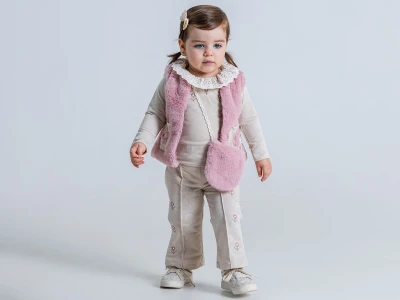 Toptan PAMPAL KİDS Dantel Yakalı Tüylü Yelekli Çantalı Kız Bebe Dörtlü Takım  PEMBE - Beniz Bebe