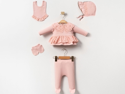 Toptan CAYZEN Dantelli 5li Kız Hastane Çıkışı Zıbın Set PEMBE - Beniz Bebe