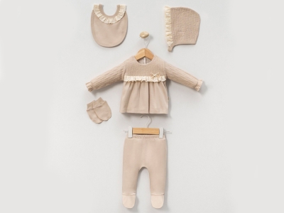 Toptan CAYZEN Dantelli Kız Bebe 5li Set Brown - Beniz Bebe
