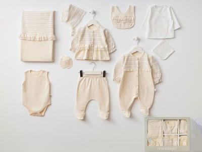 Toptan MİNİZEYN Dantelli Kız Bebe Hastane Çıkış 10lü Set BEJ - Beniz Bebe