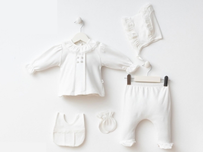 Toptan MİNİZEYN Dantelli Yenidoğan  Kız Bebe  5li Set BEYAZ - Beniz Bebe