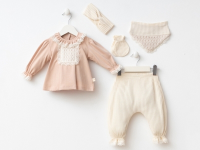 Toptan MİNİZEYN Dantelli Yenidoğan Kız Bebe 5li Set PUDRA - Beniz Bebe