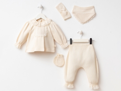 Toptan MİNİZEYN Dantelli Yenidoğan Kız Bebe 5li Set BEJ - Beniz Bebe