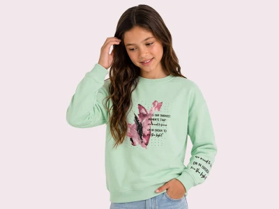 Toptan ROYA KİDS Darkest Baskılı 3 İp Şardonlu Kız Sweat  FISTIKYEŞİLİ - Beniz Bebe