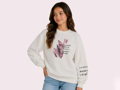 Toptan ROYA KİDS Darkest Baskılı 3 İp Şardonlu Kız Sweat  BEYAZ - Beniz Bebe