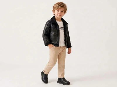 Toptan CANÖZ Deri Ceketli 3'lü Erkek Çocuk Takım - Toptan Çocuk Giyim Beniz Kids