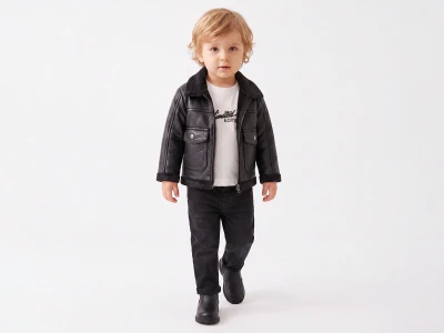 Toptan CANÖZ Deri Ceketli Üçlü Erkek Takım SİYAH - Beniz Bebe