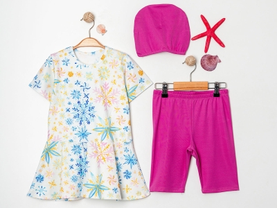 Desenli Boneli Üçlü Haşema Tesettür Mayo Takım 8 YAŞ