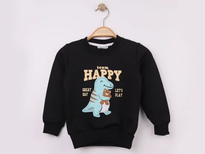 Toptan WENGE KİDS Dino Baskılı 2 İp Erkek Sweat  SİYAH - Beniz Bebe