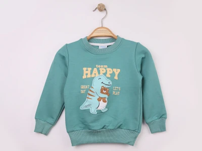 Toptan WENGE KİDS Dino Baskılı 2 İp Erkek Sweat  SUYEŞİLİ - Beniz Bebe