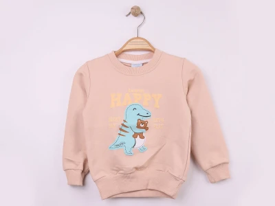 Toptan WENGE KİDS Dino Baskılı 2 İp Erkek Sweat  BEJ - Beniz Bebe