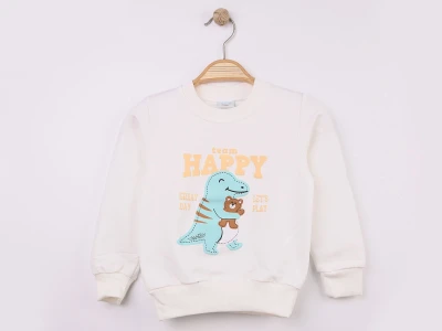 Toptan WENGE KİDS Dino Baskılı 2 İp Erkek Sweat  BEYAZ - Beniz Bebe