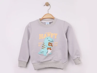 Toptan WENGE KİDS Dino Baskılı 2 İp Erkek Sweat  GRİ - Beniz Bebe