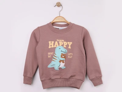 Toptan WENGE KİDS Dino Baskılı 2 İp Erkek Sweat  KAHVERENGİ - Beniz Bebe