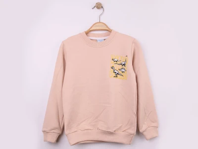 Toptan WENGE KİDS Dino Baskılı 2 İp Erkek Sweat  BEJ - Beniz Bebe