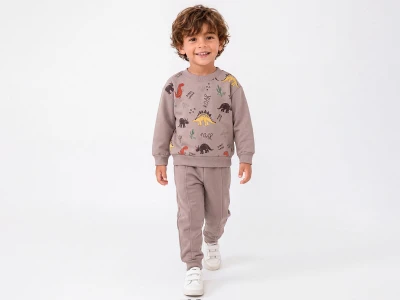 Toptan FEELY KİDS Dino Baskılı 3 İp Şardonlu Erkek Takım  - Toptan Çocuk Giyim Beniz Kids