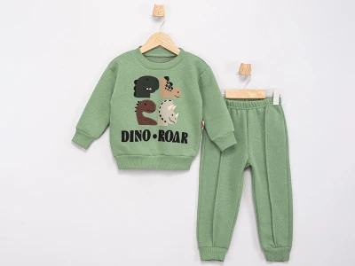 Toptan FEELY KİDS Dino Baskılı 3 İp Şardonlu Erkek Takım  FISTIKYEŞİLİ - Beniz Bebe