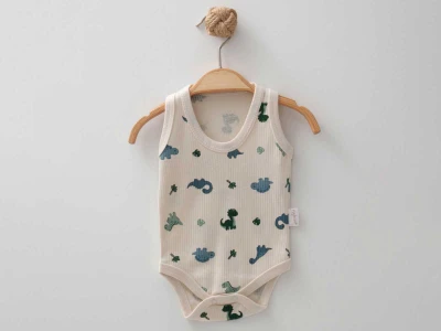 Dino Baskılı Erkek Bebe Çıtçıtlı Badi