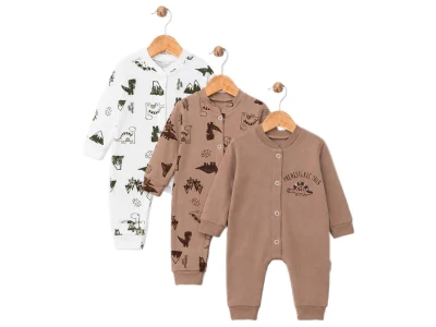 Toptan SÜPERMİNİ  Dino Baskılı Erkek Bebe Üçlü Tulum - Toptan Çocuk Giyim Beniz Kids