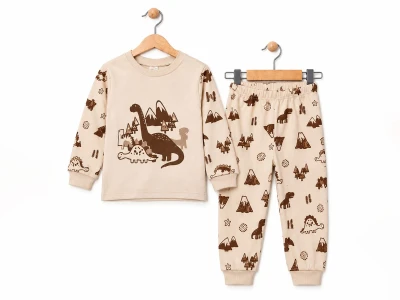 Toptan SÜPERMİNİ Dino Baskılı Erkek Bebek Pijama Takımı - Toptan Çocuk Giyim Beniz Kids