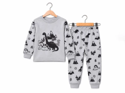 Toptan SÜPERMİNİ Dino Baskılı Erkek Bebek Pijama Takımı GRİ - Beniz Bebe