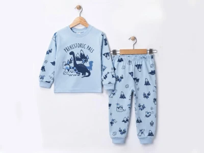Toptan SÜPERMİNİ Dino Baskılı Erkek Bebek Pijama Takımı MAVİ - Beniz Bebe