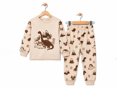 Toptan SÜPERMİNİ Dino Baskılı Erkek Pijama Takımı BEJ - Beniz Bebe