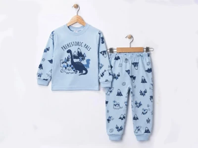 Toptan SÜPERMİNİ Dino Baskılı Erkek Pijama Takımı MAVİ - Beniz Bebe