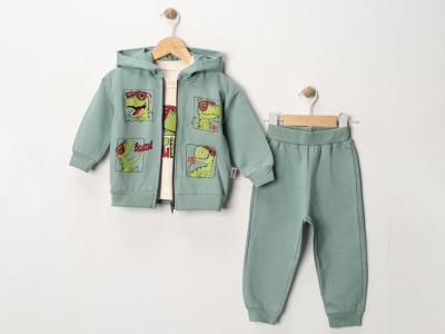 Toptan FERİX BABY Dino Baskılı Erkek Takım لون أخضر - Beniz Bebe