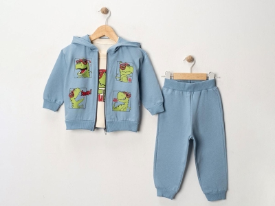 Toptan FERİX BABY Dino Baskılı Erkek Takım أزرق - Beniz Bebe