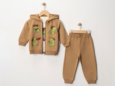 Toptan FERİX BABY Dino Baskılı Erkek Takım البني - Beniz Bebe