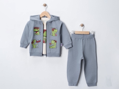 Toptan FERİX BABY Dino Baskılı Erkek Takım رمادي - Beniz Bebe