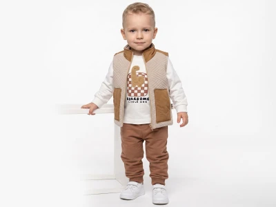 Toptan BEBLY Dino Baskılı Yelekli Erkek Bebe Üçlü Takım  KAHVERENGİ - Beniz Bebe